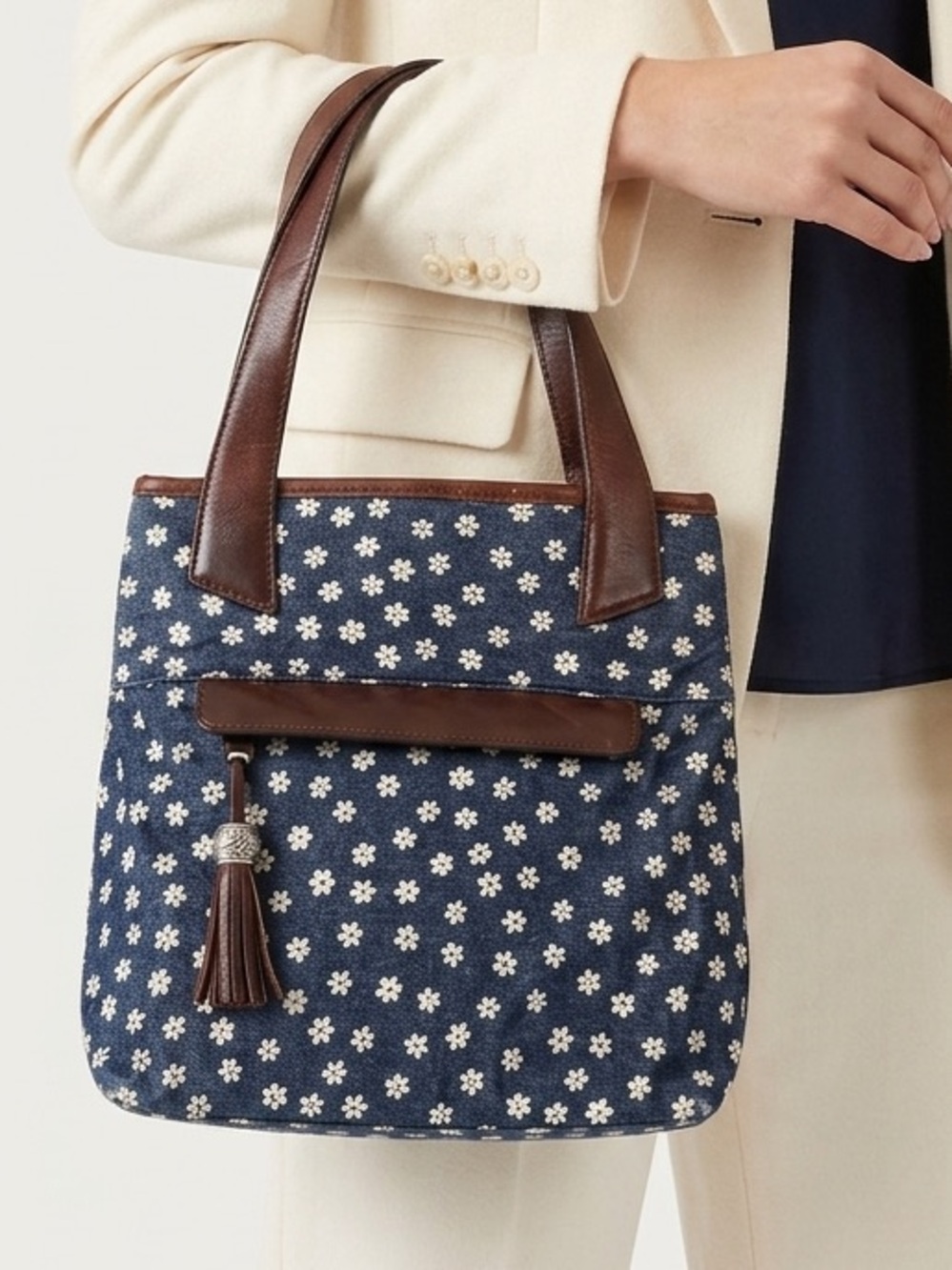 Brighton Small Vintage Jean purse with small white flowers and leather accents